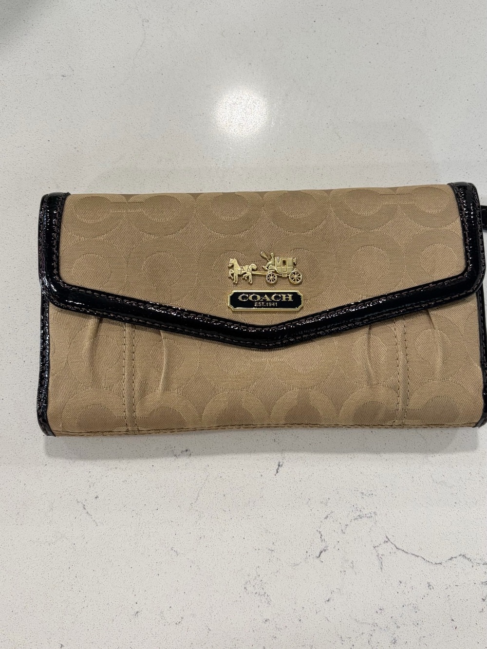 Coach Beige Signature Canvas Wallet with Black Patent Trim